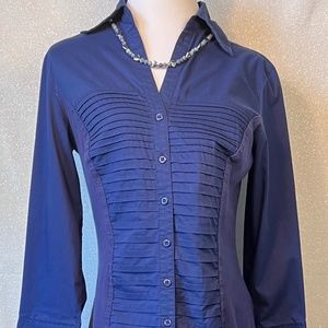 Navy blue long sleeve button down shirt with collar